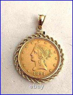 1894 U. S. $10 Liberty Head Gold Piece In Solid 14k Yellow Gold Rope Bezel