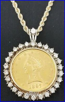 1897 Ten Dollar $10 Liberty Head Gold Coin Pendant with Diamonds & Rope Chain