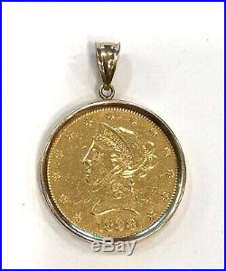 1898- S-u. S. $10 Liberty Head Gold Coin In Solid 14k Yellow Gold Bezel/pendant
