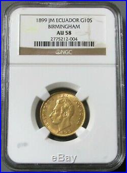 1899 Gold Ecuador 10 Sucre Coin Ng Au 58 Birmingham Mint