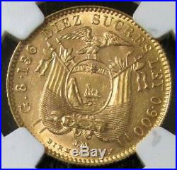 1899 Gold Ecuador 10 Sucre Coin Ng Au 58 Birmingham Mint