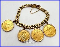 18K Solid Gold Curb Chain with 4 Older Gold Coins 1901 Liberty Head Pahlavi +#1753