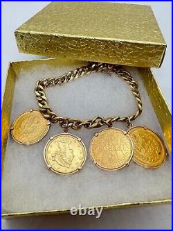 18K Solid Gold Curb Chain with 4 Older Gold Coins 1901 Liberty Head Pahlavi +#1753
