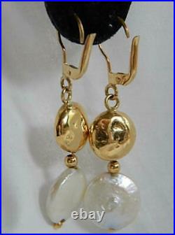18K Solid Gold Italy 1 7/8 Inch 13mm Coin Pearl and Gold Disc Dangle Earrings