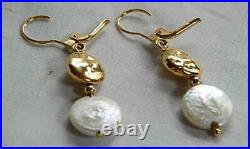 18K Solid Gold Italy 1 7/8 Inch 13mm Coin Pearl and Gold Disc Dangle Earrings