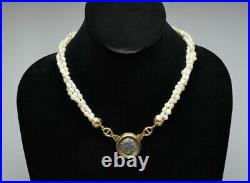 18K Solid Yellow Gold 16 Genuine Greek. 925 Coin and Freshwater Pearl Necklace