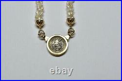 18K Solid Yellow Gold 16 Genuine Greek. 925 Coin and Freshwater Pearl Necklace
