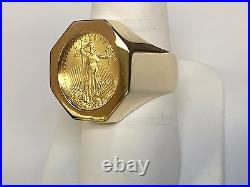 18K Solid Yellow Gold Mens Ring with 22K FINE GOLD 1/10 OZ US LIBERTY COIN