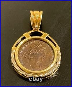 18K Solid Yellow Gold Pendant Antique Roman Coin Constantinus 337 AD