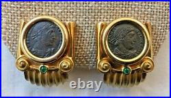 18k Solid Gold Ancient Roman Coin Earrings with Emerald Cabochon by Nino Veruti