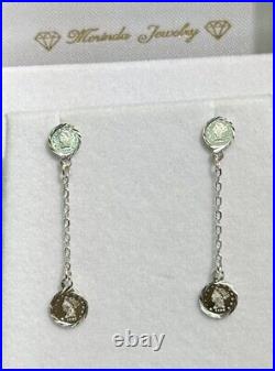 18k Solid White Gold Italy Coin Dangle Stud Earrings, 2.02 Grams