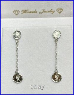 18k Solid White Gold Italy Coin Dangle Stud Earrings, 2.02 Grams