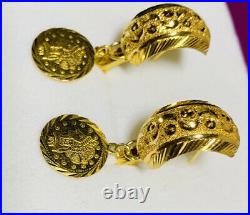 18k Solid Yellow Gold Dangle Coin Diamond Cut Earrings 6.05Grams