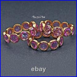 18k Solid Yellow Gold Rose cut Round Coin Pink Sapphire Eternity Ring Size 6