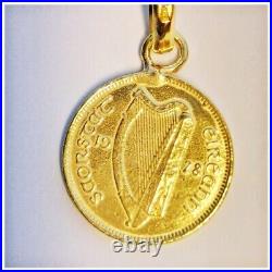 18k solid gold Ireland Bull and lucky harp 22mm coin pendant