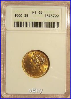 1900 Coronet Head $5 Half Eagle Gold Coin Authenticated and Graded by ANACS MS63