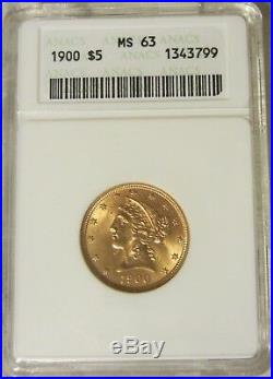 1900 Coronet Head $5 Half Eagle Gold Coin Authenticated and Graded by ANACS MS63