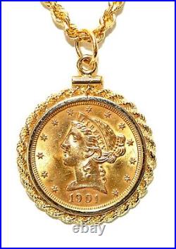 1901 Coronet Head Gold 5 Eagle Coin Necklace 14K Solid Gold Liberty Necklace