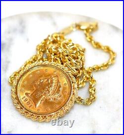 1901 Coronet Head Gold 5 Eagle Coin Necklace 14K Solid Gold Liberty Necklace