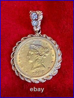 1901 Liberty Head Eagle $10 Gold Coin Ten Dollar 14k Solid Gold Diamond Pendant