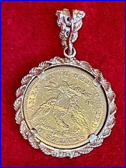 1901 Liberty Head Eagle $10 Gold Coin Ten Dollar 14k Solid Gold Diamond Pendant