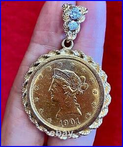 1901 Liberty Head Eagle $10 Gold Coin Ten Dollar 14k Solid Gold Diamond Pendant