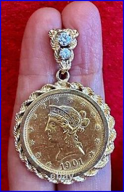 1901 Liberty Head Eagle $10 Gold Coin Ten Dollar 14k Solid Gold Diamond Pendant