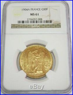 1904 A Gold France 50 Francs Standing Genius Coin Ngc Mint State 61