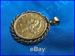 1905 Liberty $5 Gold Coin Pendant with Solid 14k Gold Rope Bezel & Bail