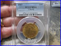 1907 10 Dollar Liberty Gold Coin In Pcgs Ms61 Uncirculated Condition