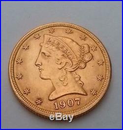 1907 $5 USA Liberty Eagle Coin Five Dollars Good EF