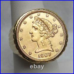 1907 USA Antique $5 Dollar Solid Gold In 18k Coin Pinky Ring Size 8