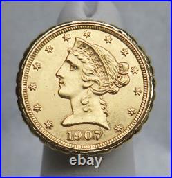 1907 USA Antique $5 Dollar Solid Gold In 18k Coin Pinky Ring Size 8