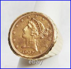 1907 USA Antique $5 Dollar Solid Gold In 18k Coin Pinky Ring Size 8