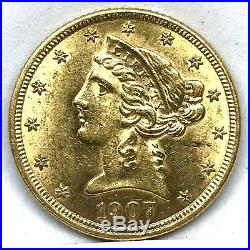 1907-d Gold $5 Dollar Half Eagle Coin Choice Bu. Uncirculated