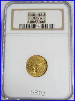 1908 Indian Head $2.50 $2½ Quarter Eagle Gold Coin NGC Authenticated Graded MS64
