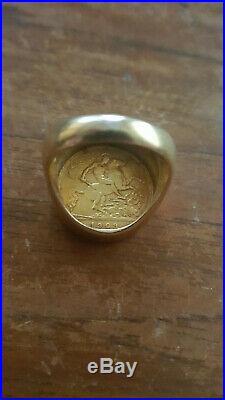 1908 KE VII London Mint Solid Gold Half Sovereign Coin in Solid RIng Mount