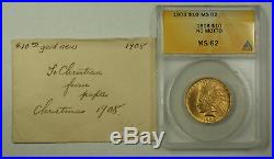 1908 No Motto Indian Gold Eagle Ten Dollar $10 Coin ANACS MS-62 JMX