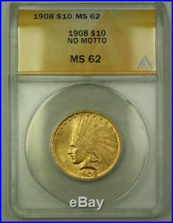 1908 No Motto Indian Gold Eagle Ten Dollar $10 Coin ANACS MS-62 JMX