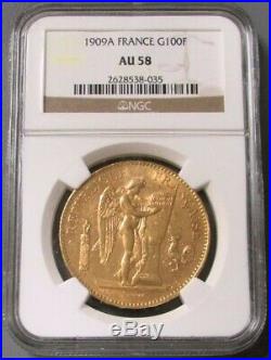 1909 A Gold France 100 Francs Standing Genius Coin Ngc About Unc 58