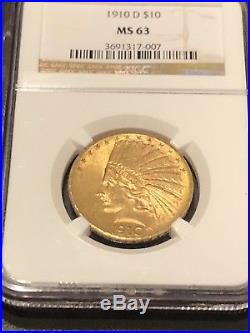 1910 D INDIAN HEAD GOLD $10 EAGLE NGC Certified MS63. Nice 1/2 Oz Gold Coin