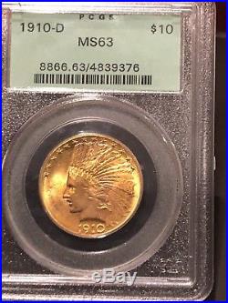 1910 D INDIAN HEAD GOLD $10 EAGLE PCGS OGH Certified MS63. Nice 1/2 Oz Gold Coin