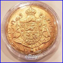 1914 Belgium 20 Francs Albert 1 Gold Coin, BU, RARE 1 Year Only, 105 Years Old