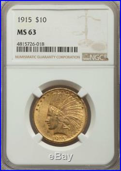1915 $10 US Indian Head Gold Eagle Coin NGC MS 63 MS63 LUSTER