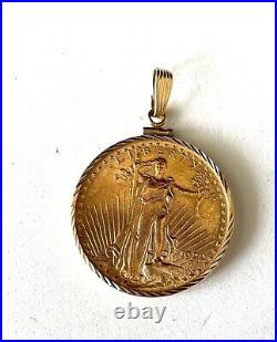 1922 $20 U. S. Gold Coin In Solid 14k Yellow Gold Reeded Edge Bezel Pendant