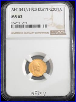 1923, Egypt, King Fuad I. Scarce Gold 20 Piastres (1/5 Pound) Coin. NGC MS-63