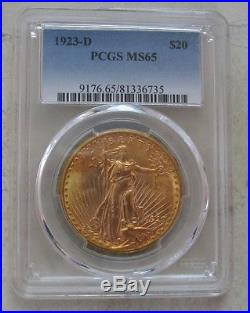 1923-d $20 Saint Gaudens Gold Coin. Pcgs Ms 65