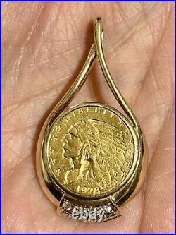 1928 Indian Head Quarter Eagle $2.5 GOLD COIN with DIAMOND 14K SOLID BEZEL PENDANT