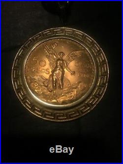 1944 Gold Mexican 50 Pesos Centenario Coin uncirculated 14k Greek Bezel Pendant