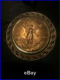 1944 Gold Mexican 50 Pesos Centenario Coin uncirculated 14k Greek Bezel Pendant